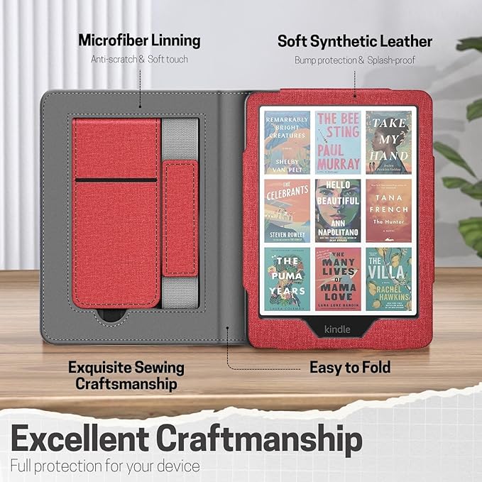 TNP Stand Case with Strap for Kindle Paperwhite 12th Gen 2024 / Kindle Colorsoft Signature Edition - 7" PU Leather Protective Folio Cover with Auto Wake/Sleep & Card Slot, Red