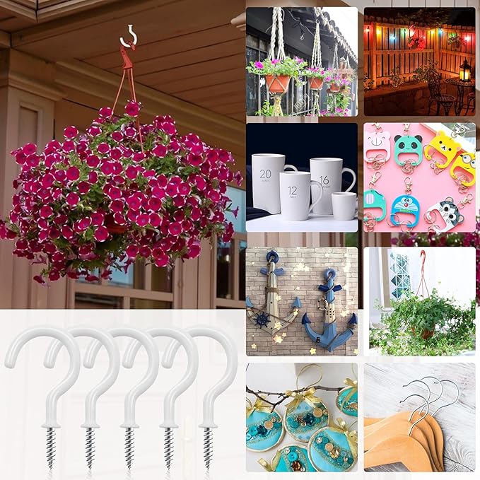 25 Pack Cup Screw Hooks,2 inch Vinyl Coated Ceiling Screw in Hooks Plant Hanger Wind Chimes Hooks Great for Hanging Indoor & Outdoor Use(White)