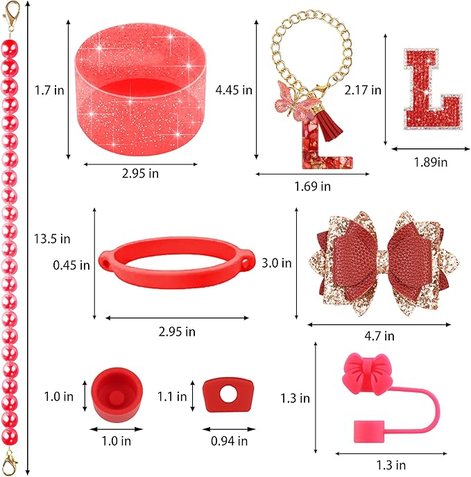 9PCS Red for Stanley Cup Accessories Set Bling Initials Bow Charms for Stanley Decorations 30/40 Oz Tumbler Accessories Including Bow Straw Topper, Handle Strap, Spill Stopper（Letter L）