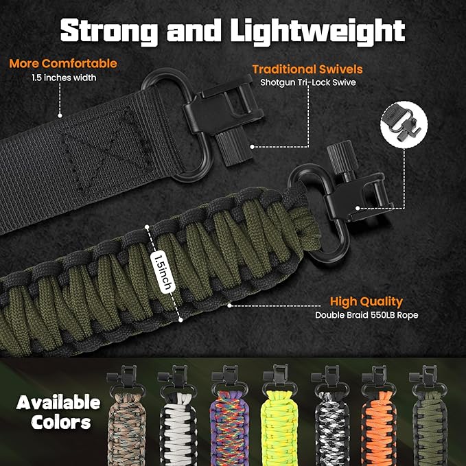 Double Braide 550LB Shotgun Sling 2 Point Paracord Rifle Sling,Non-Slip Traditional Adjustable Gun Sling for Hunting Shooting Camping