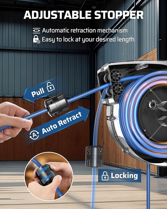 DEWENWILS Retractable Extension Cord Reel, 50 FT 14/3C SJTOW Heavy Duty Power Cord with Lighted Triple Tap Outlet, 180° Swivel Bracket for Ceiling/Wall Mount, 13A Circuit Breaker, ETL Listed, Blue