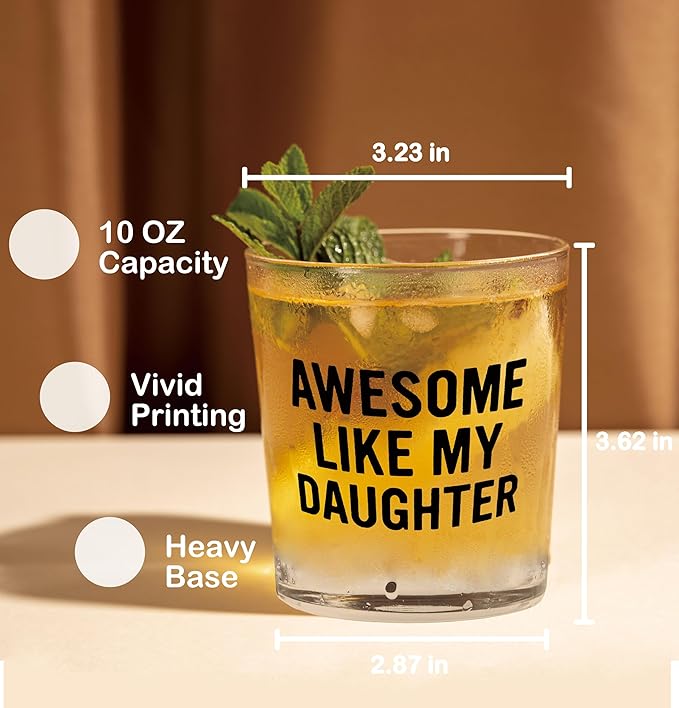 Nogrit Father's Day Whiskey Glasses from Daughter 10 oz, Funny Dad Gifts for Father's Day Birthday, Father Old Fashioned Rocks Glasses for Women Drinking Cocktail Scotch Vodka Tequila Rum