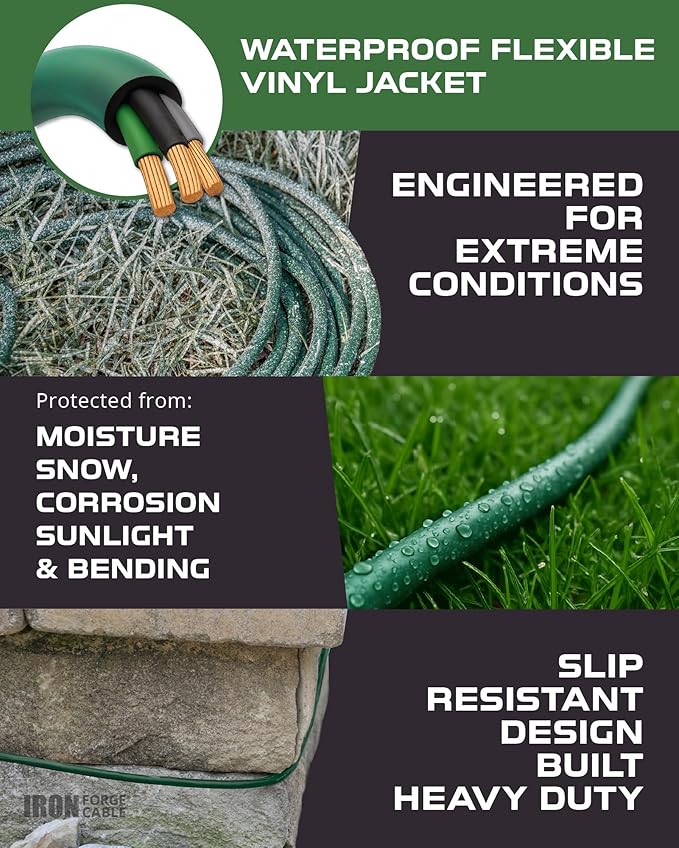 Iron Forge Cable 50ft Green Outdoor Extension Cord with 3 Outlets - 16/3 SJTW 50ft Extension Cord 3 Prong, 13 Amp All-Weather Heavy Duty Power Cable
