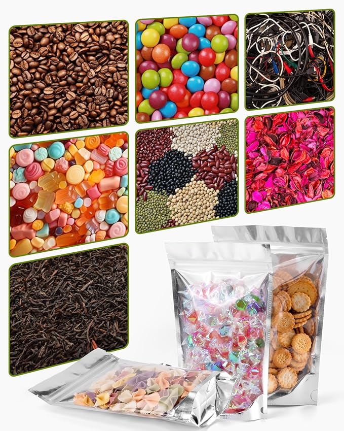 Gwybkq 6x9 Inch Stand-Up Mylar Bags (200pcs) - Resealable Smell-Proof Food Storage with Clear Window, for Snacks/Candy/Coffee Beans, Small Business & Gifting