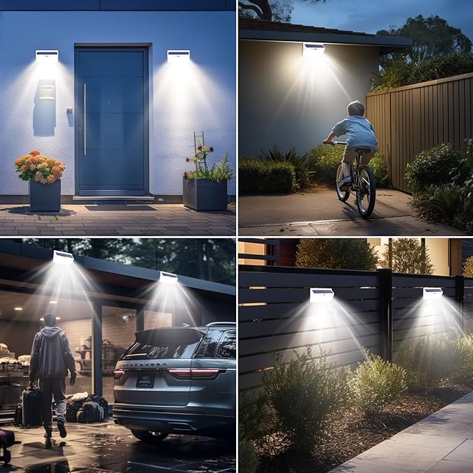 Peasur 1 Pack 368 LED Solar Lights Outdoor Motion Sensor, Solar Fence with 3 Lighting Modes, Powered Security Waterproof for Outside Yard Wall Garden,White