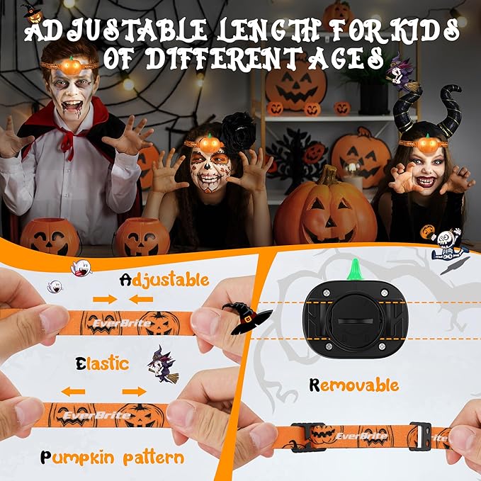 EverBrite Halloween Pumpkin Headlamp 5 Pack, 2 Modes LED Head Lamp Adjustable Headband, Pumpkin Lights Party Favors, Orange Spot & Strobe Lights Halloween Gifts