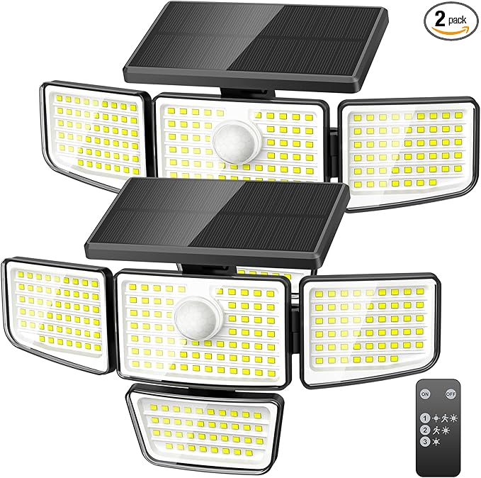 Adewalk 3000LM Solar Outdoor Lights - Upgraded 2Packs 4 Heads 188 LED Security Lights with Motion Sensor Lights, IP65 Waterproof 270° Wide Angle Flood Wall Lights for Home Darkroom Backyard