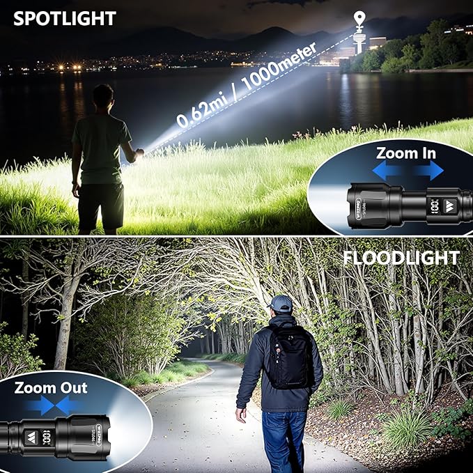 Wdtpro LED Rechargeable Flashlight 2Pack, 3Modes Super Bright High Lumens Flashlights, Zoomable Tactical Flashlight with LCD Display, IP65 Waterproof Flashlights for Home Emergency Camping & Gifts Men