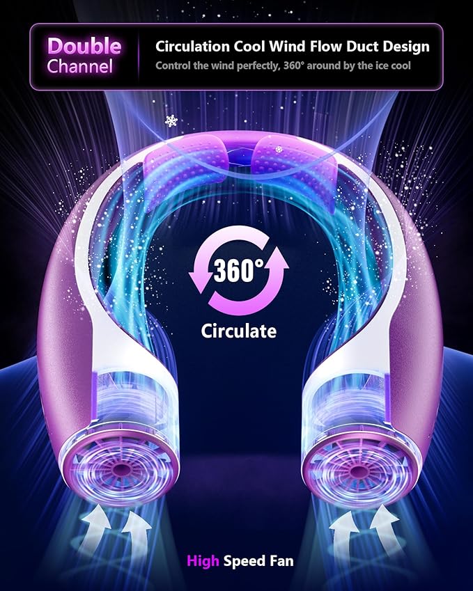 Rohent Neck Fan Portable for Women: High Speed Faster Cooling Neck Fan 4 Speeds Wind - Super Light Ultra Quiet Rechargeable Personal Fan for Fashion Women 13-35Y Girls - Purple