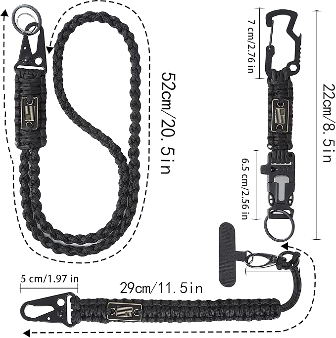 Heavy Duty Braided Paracord Lanyard for ID Badges,EDC Tether for Phone,Tactical 550 Paracord Keychain with USA Flag