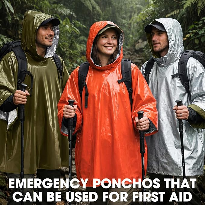 Tellegloww Emergency Ponchos with Polyester Film Blanket Liner Waterproof Windproof Thermal Survival Blanket Rain Ponchos