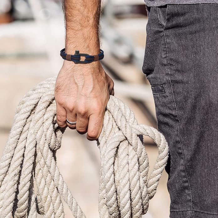 COOLSTEELANDBEYOND Men Women Steel Screw Anchor Shackle Nautical Sailor Rope Wristband Wrap Bracelet