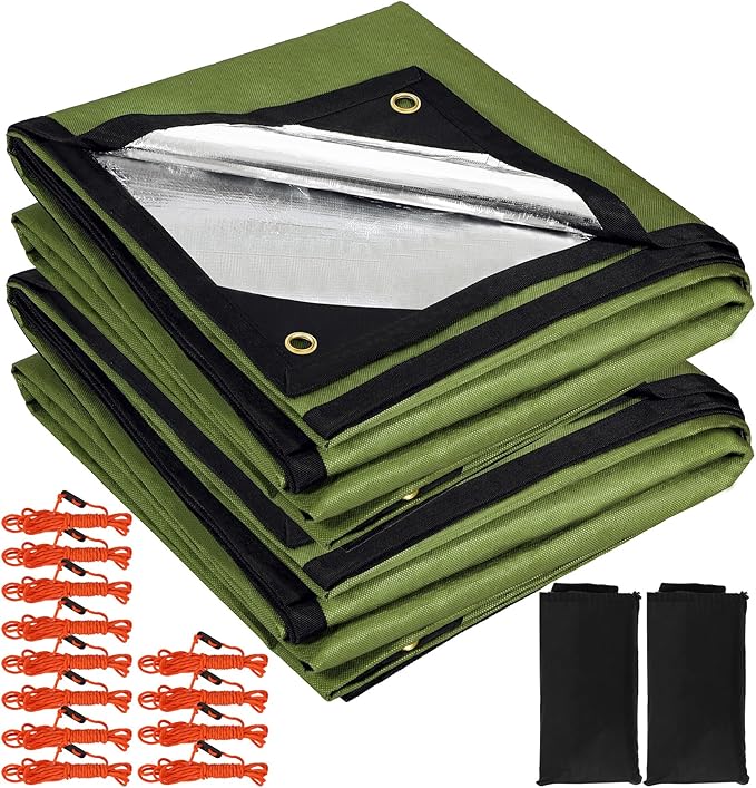 RedSwing 2-Pack Heavy Duty Survival Blanket, Waterproof Emergency Thermal Tarp, Multipurpose Reflective Insulated All Weather Blankets for Camping Hiking, Green,11.8 x 8.5 ft
