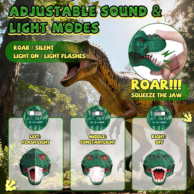 Nitigo Dinosaur Headlamp for Kids Flashlight Rechargeable Led Dino Head Lamp Roar & Silent Mode, T-Rex Dinosaur Toys for Kids 3 4 5 6 7 8, Camping Gear, Easter Gifts for Boys Girls Adults
