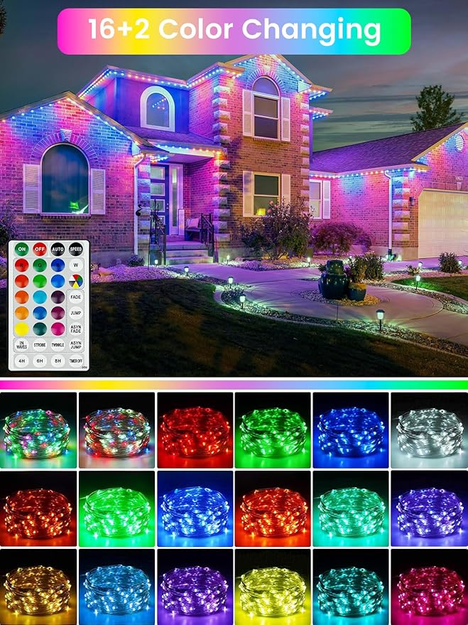 RGB Color Changing 33Ft 100LED 4th of July Fairy Lights Battery Operated, Waterproof String Lights USB Powered with Timer for Indoor & Outdoor, 18 Colors & Multicolor for Independence Day Memorial Day