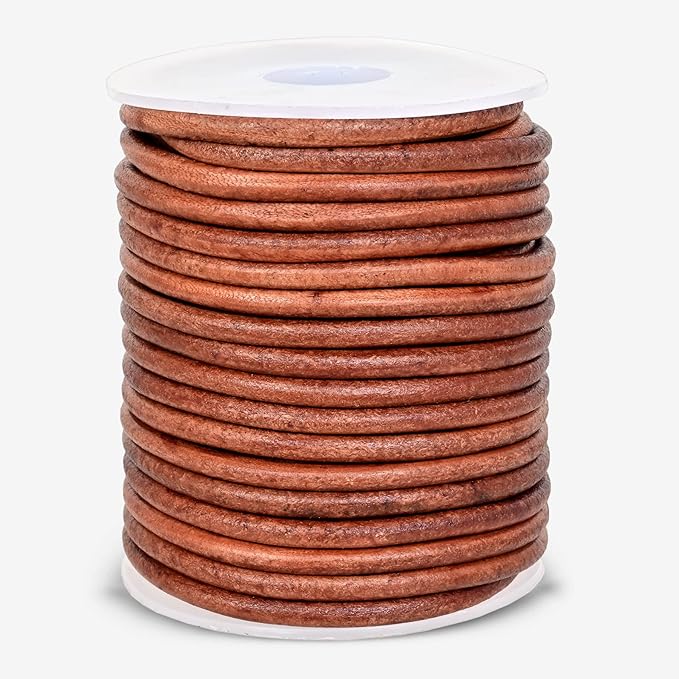 GENIQUE Real/Genuine Round Leather String Cord for Necklace, Bracelets, Jewelry, Kumihimo Braiding, DIY Projects (10 Metres) (3mm, Light Brown Distressed)