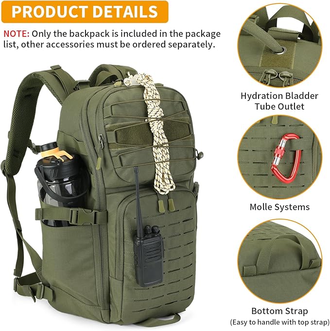 HUNTVP Tactical Backpack for Men 35L Military Backpack MOLLE 1000D Army Daypack 3 Day Bug Out Bag for Work Camping Hiking Outdoor, Army Green