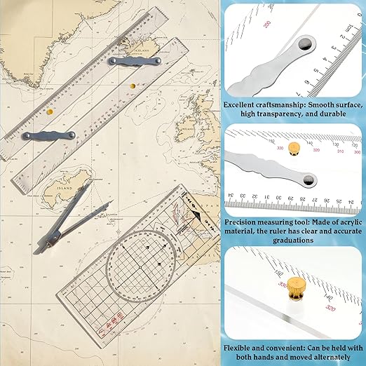 3 Pcs Basic Navigation Set, Include 16 Inch Parallel Ruler with Brass Arms Nautical Protractor Navigation Divider with Clear Scales, 6 Inch Marine Fixed Points Divider for Boat