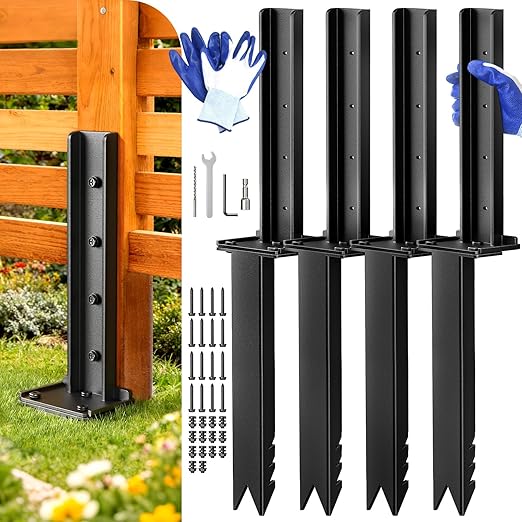 Goovilla Fence Post Repair Kit, 4Pcs Heavy Duty Fence Post Anchor Ground Stakes, Robust Quick-Fix Wood Support for Broken/Leaning/Tilted/Degraded Wood with Gloves/Installation, Easy to Install,Black