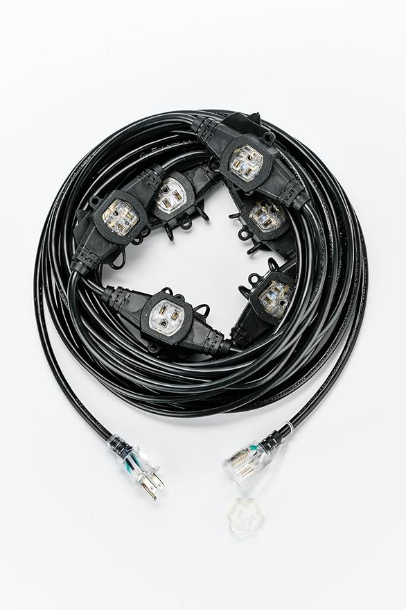 50FT 14 Gauge Heavy Duty Multi-Outlet Outdoor Extension Cord, 7 Evenly Spaced Weatherproof Outlets, LED Indicator Light,Great for Stage Backdrops, Landscape Garden Lighting, Holiday Decoration ETL