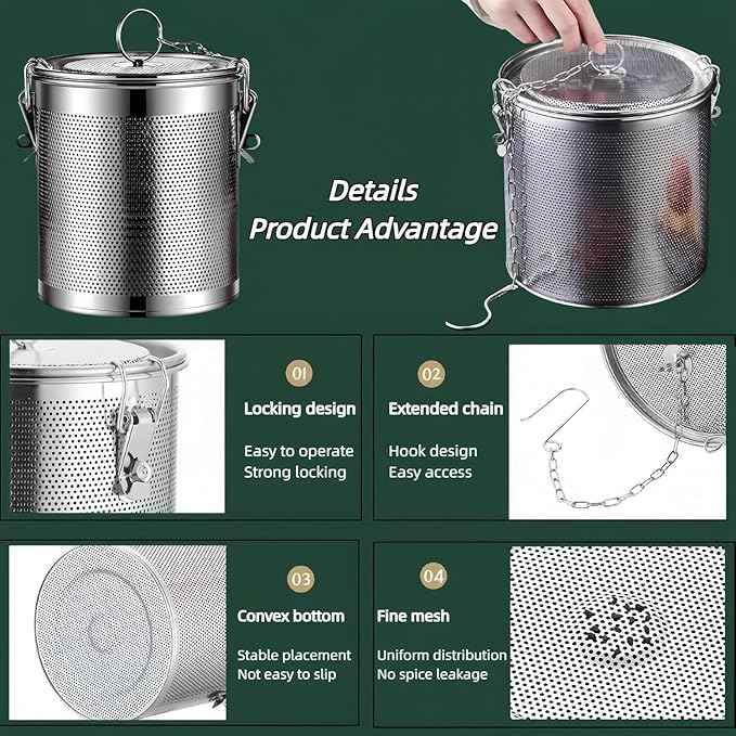 Stainless steel cylindrical seasoning filter, Multi purpose spice filter, Mesh Design Tea Ball Strainer Soup Seasonings Seperation Basket Filter with Chain Hook for Home Restaurant (10*11 CM/0.863L)