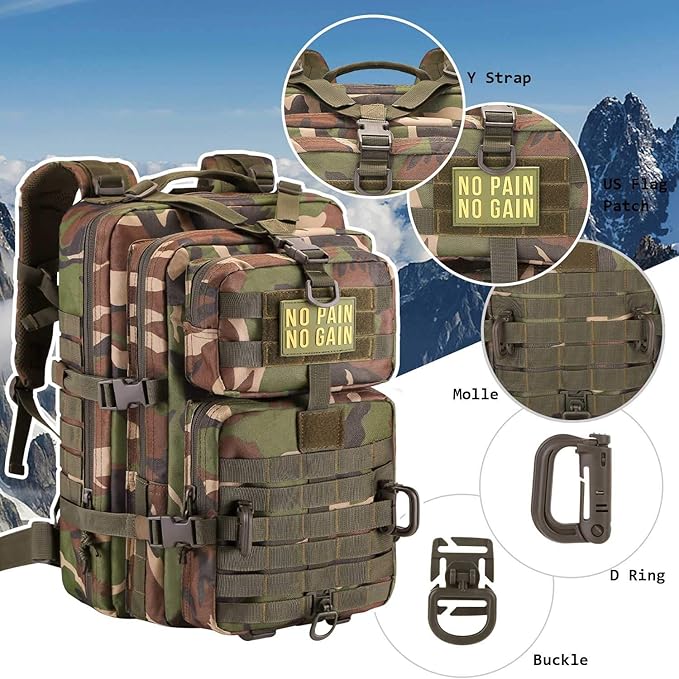 Hannibal Tactical MOLLE Assault Backpack, Tactical Backpack Military Army Camping Rucksack, 3-Day Pack Trip w/Patch, D-Rings, Woodland