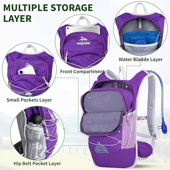 Hiking Backpack for Women & Men, Hydration Backpack with 2L Water Bladder for Running, Hiking, Cycling, Climbing, Camping, Biking (Purple)