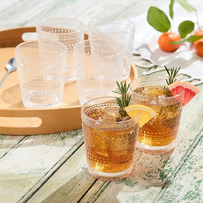 Santa Fe Clear Set of 6 Premium Acrylic DOF Glasses 16 oz – Unbreakable Drinkware with Textured Bubble Design, Dishwasher Safe Tumblers for Indoor & Outdoor Use