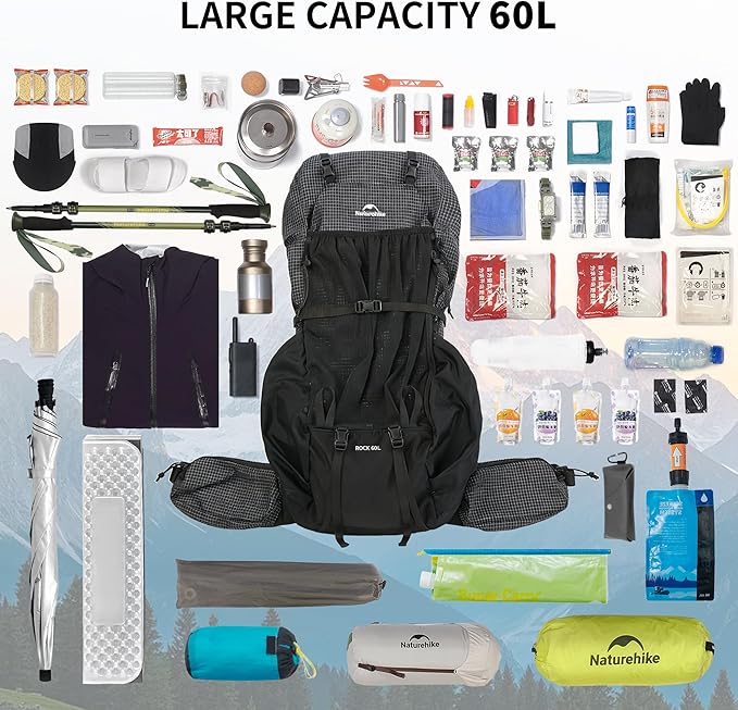 Naturehike 60L Rock 2.0 Upgraded Internal Frame Hiking Backpack for Outdoor Camping Travel Backpacking, Ultralight Backpack for Adults(Black/M/60L)
