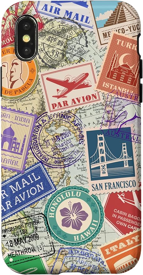 World Map Travel Passport Stamps Postage Stamp Case for iPhone X/XS