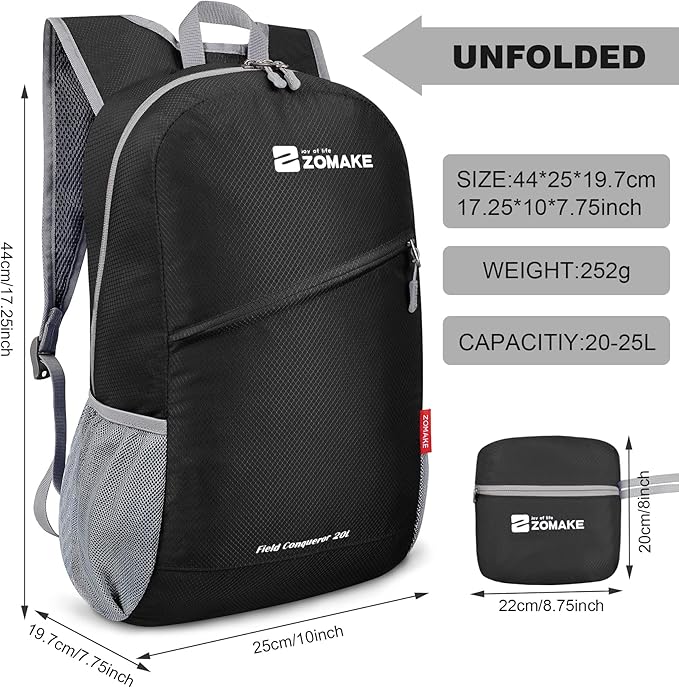 ZOMAKE Lightweight Packable Backpack, Foldable Backpacks Small Daypack for Hiking Water Resistant Day Bag for Travel(Black)