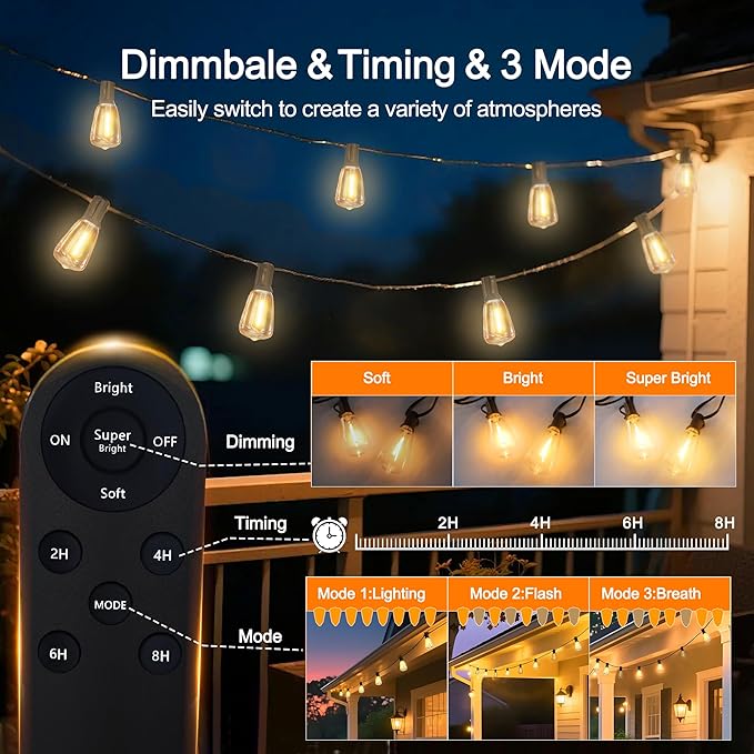 BLIATLUS 25FT Solar String Lights Outdoor Waterproof with Remote Control 8+2 Shatterproof LED ST38 Bulbs for Porch Garden Market Bistro Patio Backyard Fence