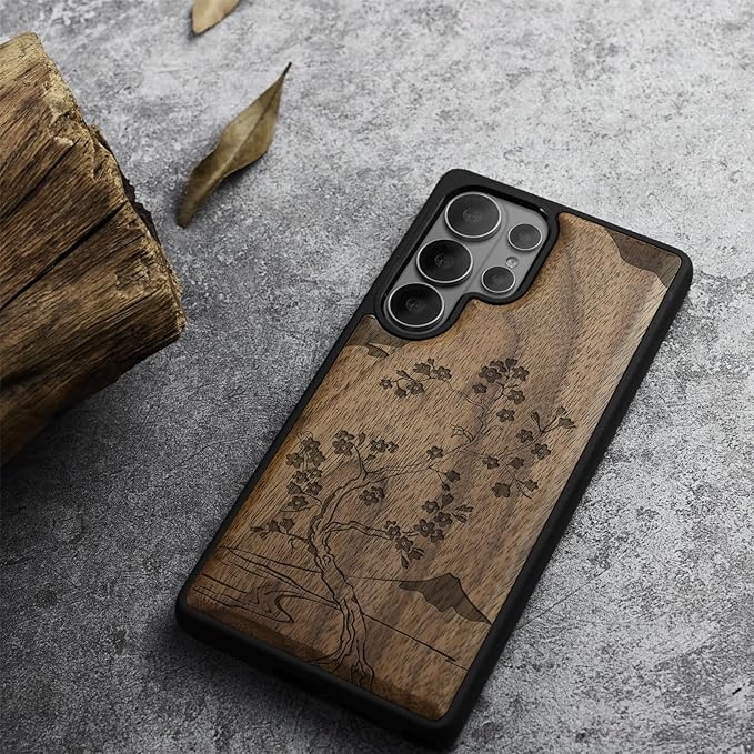 Carveit Magnetic Wooden Case for Samsung Galaxy S26 Ultra Case 2026, TPU Shockproof Cover & Wood Artisan Engraved, Compatible with MagSafe Wireless Chargers (Cherry Blossom with Mount Fuji) Walnut