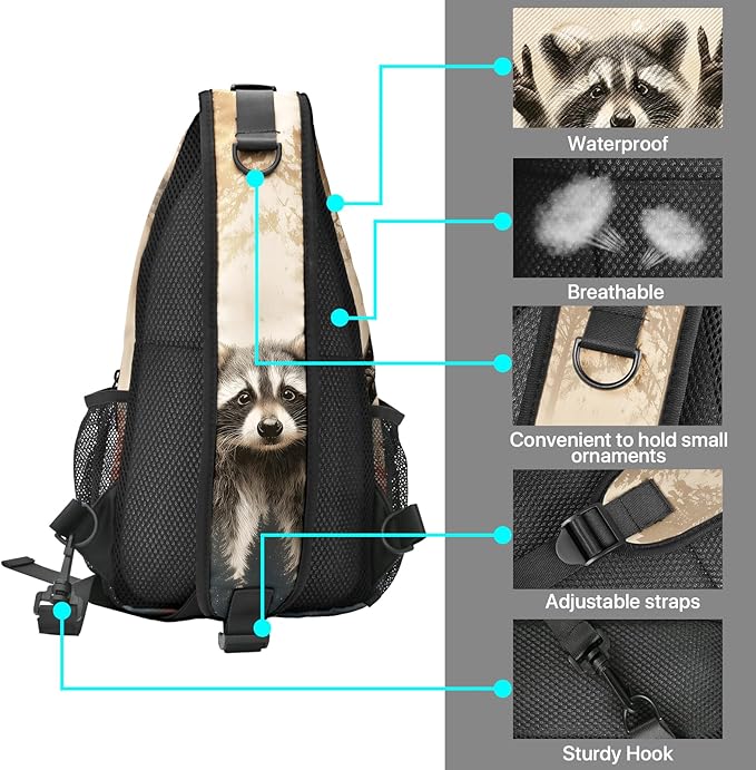 FyLybois Raccoon Sling Bag for Women Lightweight Crossbody Backpack Casual Daypack with Adjustable Strap for Travel Work Hiking Everyday Use
