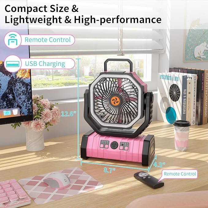 20000mAh Camping Fan Battery Operated Fans Portable,Portable Rechargeable Battery Powered Fan with LED Light,360°Oscillating & 8H Timer Camping Essentials Fans with Hook pink fan