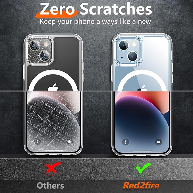 Red2Fire Magnetic for iPhone 14 Plus Case [Compatible with Magsafe][Military Grade Drop Protection][Glass Screen Protector+Camera Lens Protector] Heavy Duty Shockproof Phone Case 6.7" - Clear