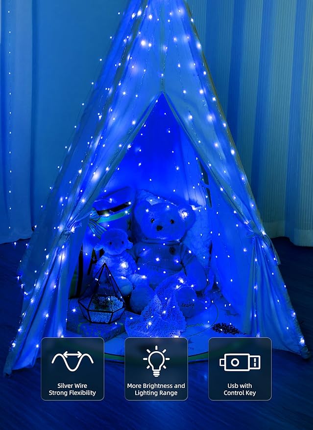 Brightown 300 LED Blue Fairy Curtain Lights, 9.8ft x 9.8ft String Lights, USB Plug in 8 Lighting Modes Christmas String Hanging Lights with Remote for Bedroom Indoor Outdoor Party Xmas Blue 1 Pack