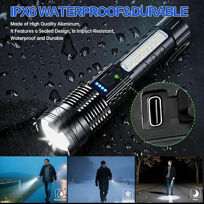 Rechargeable Flashlights High Lumens, 7Mode LED Flashlight Rechargeable, Super Bright Flashlight Powerful, IPX6 Waterproof, Adjustable Tactical Flashlights for Home Emergencies Camping, 2 Pack