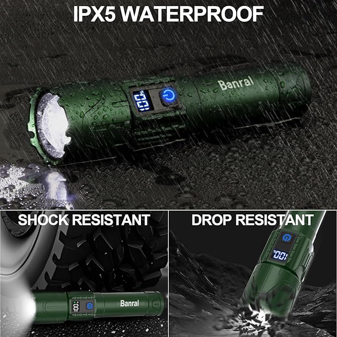 Rechargeable Tactical Flashlights 2000 High Lumens - 5000mAh Super Bright LED Powerful Flash Light, Waterproof Handheld USB C Flashlight for Home,Car,Camping,Emergencies,5 Modes,Zoomable (2, Green)