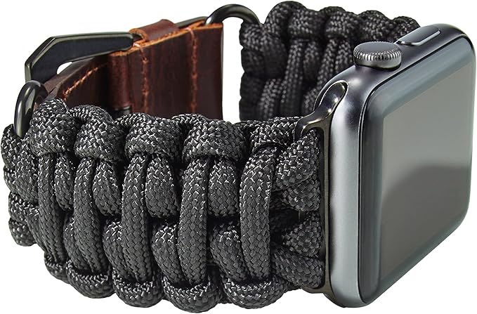 Savior Survival Gear Paracord Band,Compatible with Apple Watch Band 49mm 46mm 45mm 44mm 42mm,iWatch Band Series Ultra 10 9 8 7 6 5 4 3 2 1 SE,Adjustable strap for men (Black-Brown Leather,Adjustable)