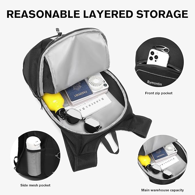 Ultra-Light Soft Daypack 15L/20L, Cushioned Breathable Back Panel Backpack, Lightweight Packable Travel Backpack (Black, 20L)