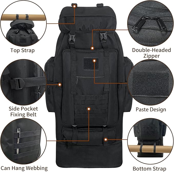 Hiking Backpack, 100L Large Camping Backpack, Expandable Waterproof MOLLE Rucksack, Outdoor Sport Travel Daypack Military Tactical Back pack for Men Women (Black)