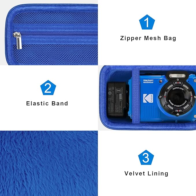 Canboc Carrying Case for KODAK PIXPRO WPZ2 Rugged Waterproof Digital Camera, Underwater Photography Camera Bag, Mesh Pocket fits USB Cable, Battery, Adapter, Blue (Case Only)