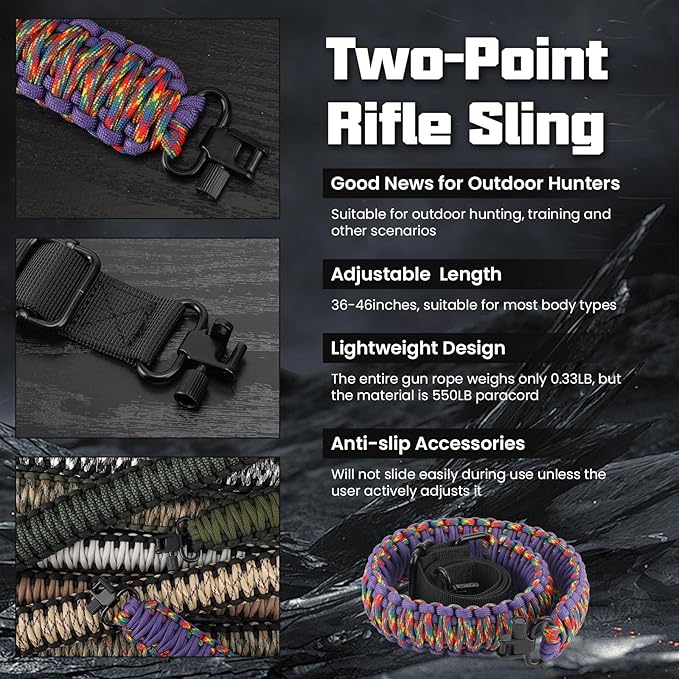 Double Braide 550LB Shotgun Sling 2 Point Paracord Rifle Sling,Non-Slip Traditional Adjustable Gun Sling for Hunting Shooting Camping