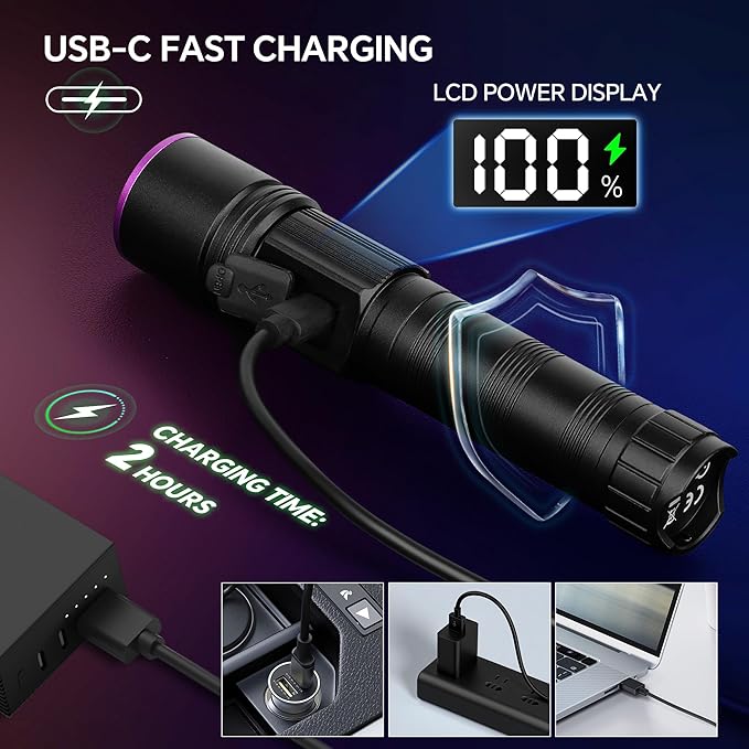 TrixHub 365nm Black Light Flashlight, UV Flashlight Rechargeable with LCD Display, Powerful Ultraviolet Lights for Pet Urine Detection, Resin Curing, Rockhounding, Scorpion, Uranium Glass, A/CLeak