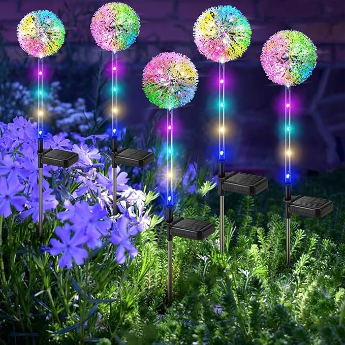 WdtPro Solar Lights Outdoor Garden Decor, 6 Pack Solar Flower Lights, 2 Modes Colorful Dandelion Light, Brighter Waterproof Decorative Garden Lights for Yard, Patio, Flower Bed, Unique Gifts for Women