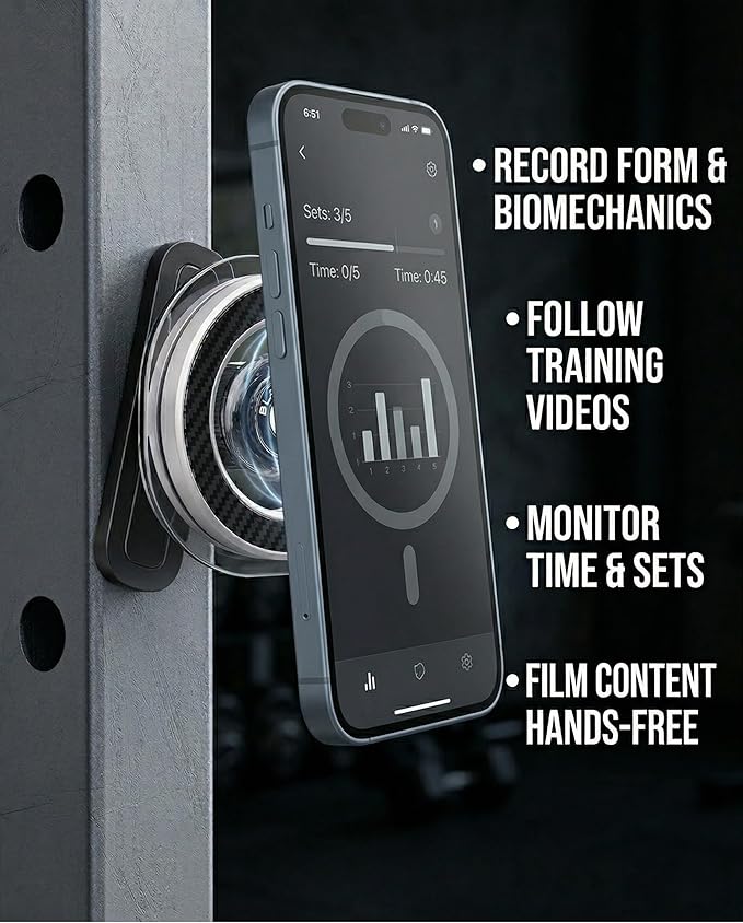 BLAUBECK Magnetic Gym Phone Holder for MagSafe & Android | Carbon Fiber Face + Transparent Acrylic Disc | Ball Joint 360° Mount for Squat Racks, Golf Carts & Metal Equipment | Metal Ring Included