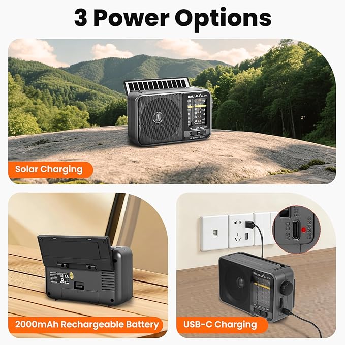 Solar-Powered Portable Radio, AM/FM/SW Radio with Loud Speaker, Built-in Rechargeable Battery and USB-C - Emergency Radio for Outdoor, Camping, Travel, Storms and Power Outages (Model BJL-671-Solar)