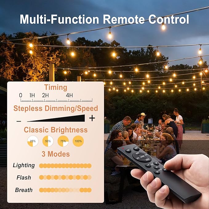 SUFEIMAS LED-Outdoor-String-Lights-Patio-Light-Outside 50FT Waterproof String Light with Remote Dimmer Outdoor Lighting with 34 Plastic Bulbs Hanging Lights for Porch Garden Backyard,1.5 FT Spacing