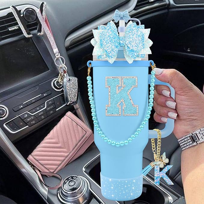 9PCS Blue for Stanley Cup Accessories Set Bling Initials Bow Charms for Stanley Decorations 30/40 Oz Tumbler Accessories Including Bow Straw Topper, Handle Strap, Spill Stopper（Letter K）